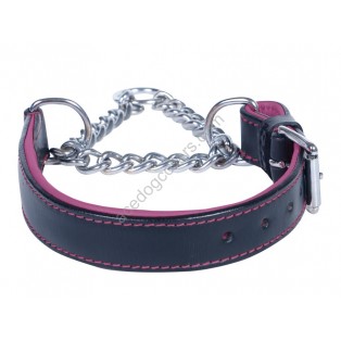 Adjustable PADDED Half check / Martingale Leather Dog Collar - Black with Purple Lining. (Stainless Steel Chain)